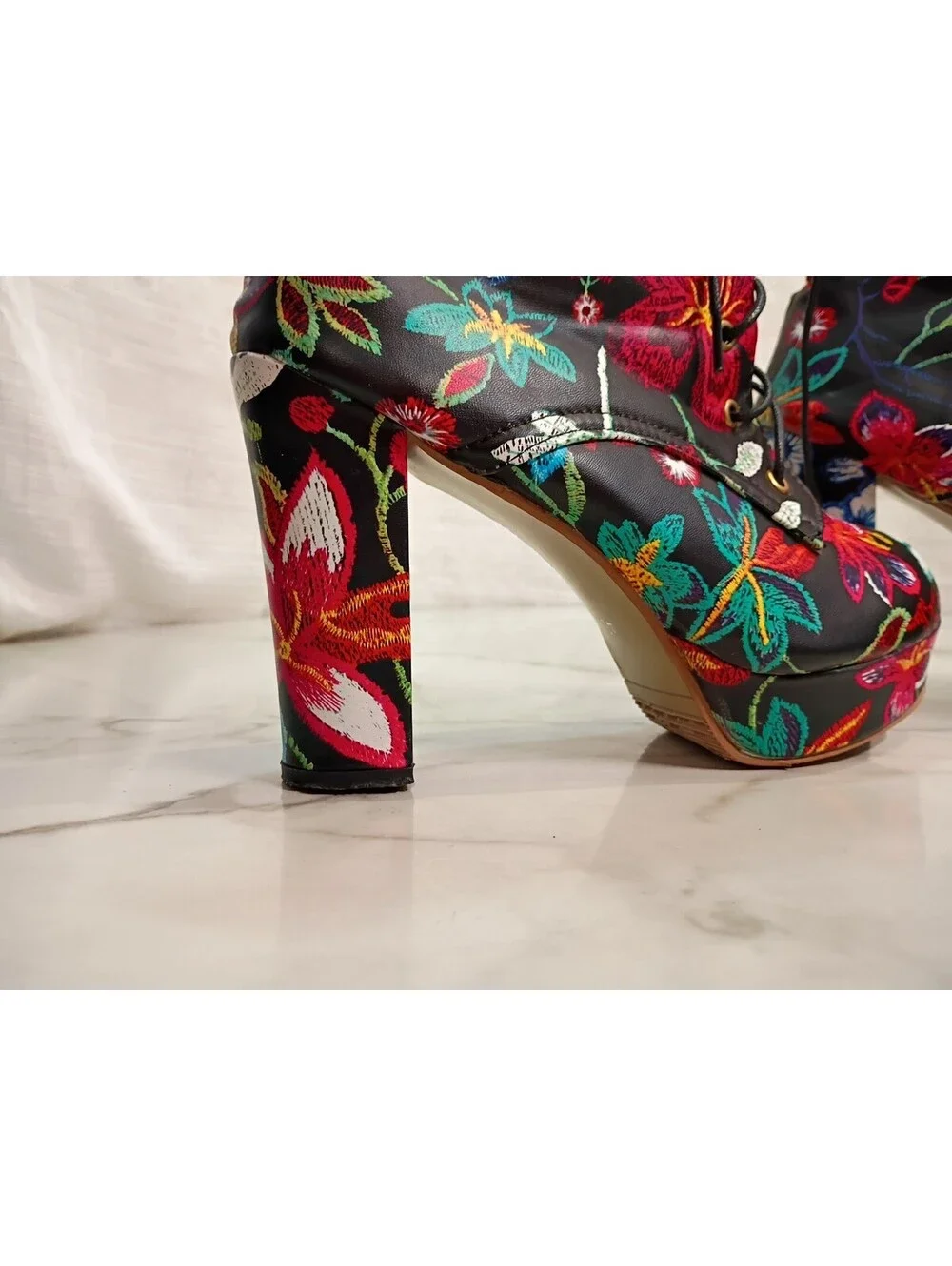 Womens Faux Leather Lace Up Platform Block Heels Embroidery Floral Ankle Boots